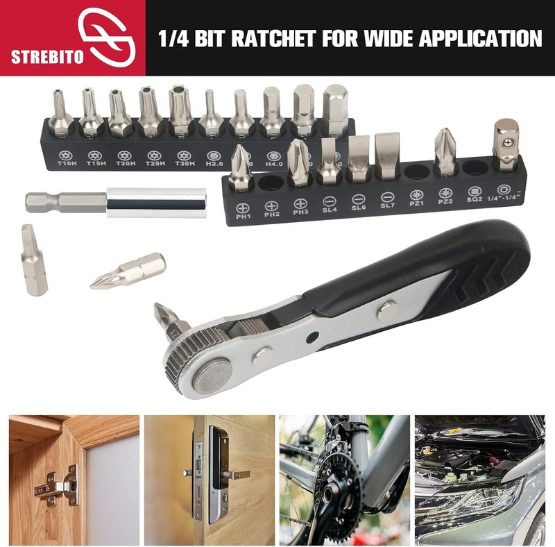 STREBITO Mini Ratchet Set, 22-Piece 1/4 Ratchet Right Angle Screwdriver, 36-Tooth Small Ratcheting Wrench Bit Ratchet For Tight Spaces, with Phillips, Slotted, Torx, Hex, Square and Adapter for Socket - Image 5